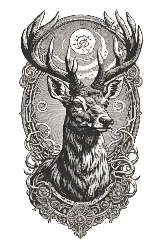 Powerful stag head with large antlers and rings on antler base, moon tattoo design idea