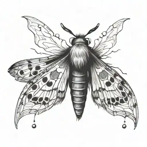 Can you please generate a photo of an idea for a moth tattoo? It should be black and white, with hidden symbols of witch tattoo design idea
