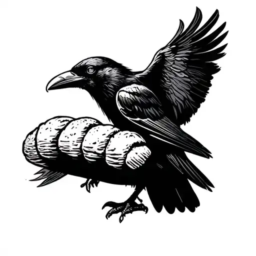 a black and white tattoo with fine line work of a large black raven carrying a loaf of bread in its mouth tattoo design idea