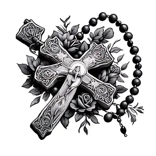 rosary beads and cross intertwined tattoo design idea