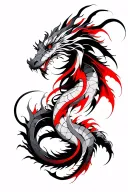 "Abstract dragon tattoo, fine line with red accents, brush style, vertical flow, minimalistic, modern tribal, side place tattoo design idea