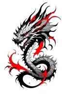 "Abstract dragon tattoo, fine line with red accents, brush style, vertical flow, minimalistic, modern tribal, side place tattoo design idea