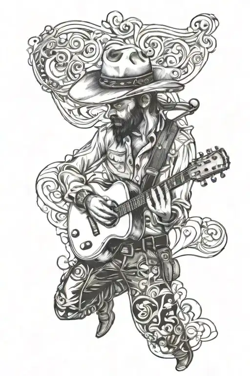 Cowboy with guitar transforming tattoo design idea