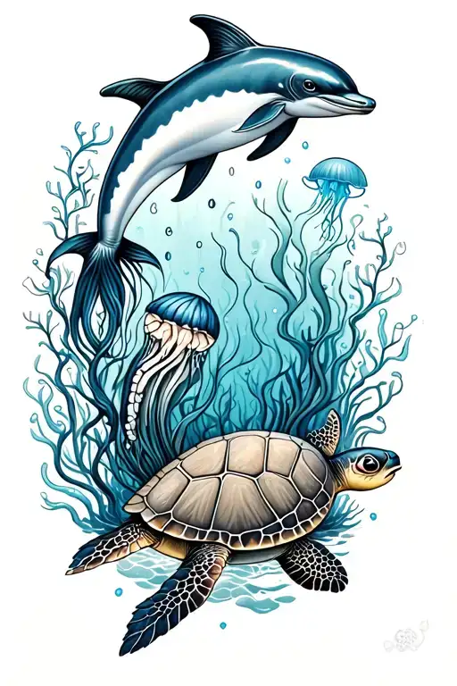 Mermaid, Dolphin, Sea turtle, Jelly Fish in black and white, the coral actual colors and vines actual colors , blue shad tattoo design idea