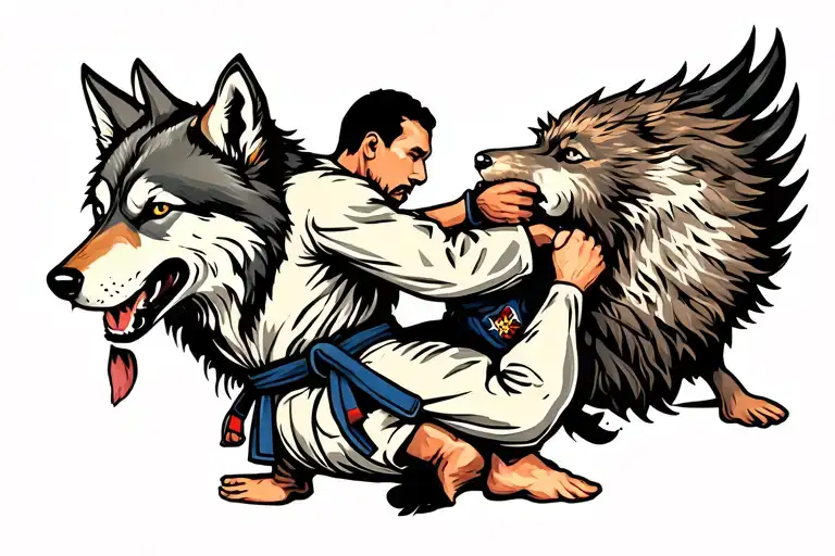 wolf brazilian jiu jitsu fighter grappling tattoo design idea