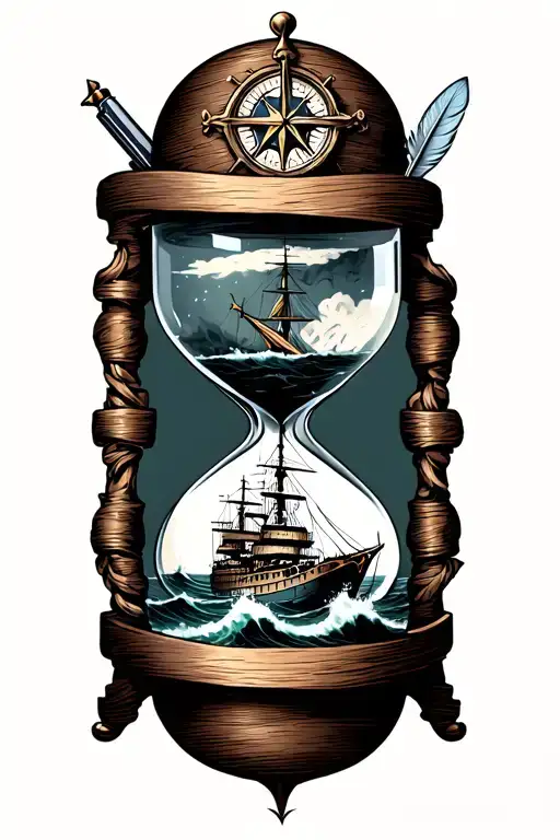 an hourglass with an old battleship on rough seas in the bottom and a sword, pistol, quill and compass in the top tattoo design idea