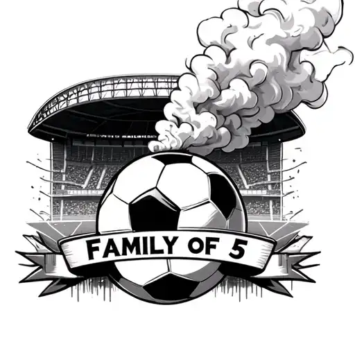 A smoke-filled soccer stadium with a banner that reads 'Family of 5', symbolizing your love for soccer and your family while incorporating your occupation as a weed smoker tattoo design idea