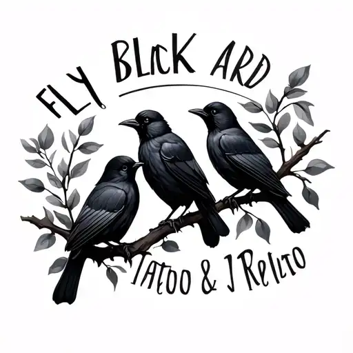 3 Black Birds on a branch with the word fly  tattoo design idea