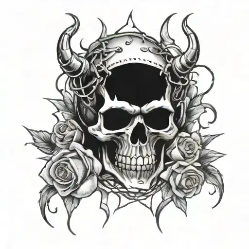 Chicano style skull with flaming roses and barbed wire tattoo design idea