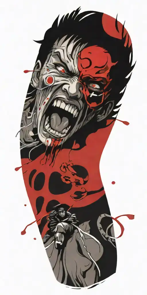 Anime character standing screaming wearing oni mask fighting off inner demons drowning tattoo design idea