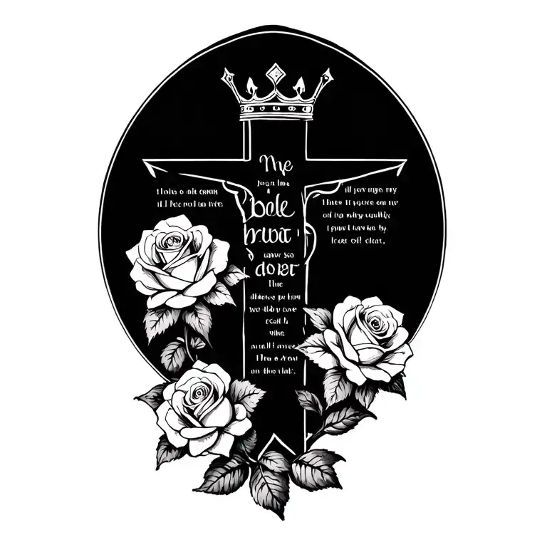 Cross with a bible verse underneath. Two roses are right above the bible verse but underneath the cross. crown on top. tattoo design idea