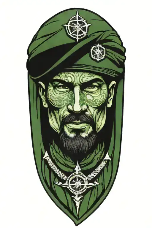 A stylized image of a Green Beret with religious symbols intertwined, representing the client's faith and dedication to their military career tattoo design idea