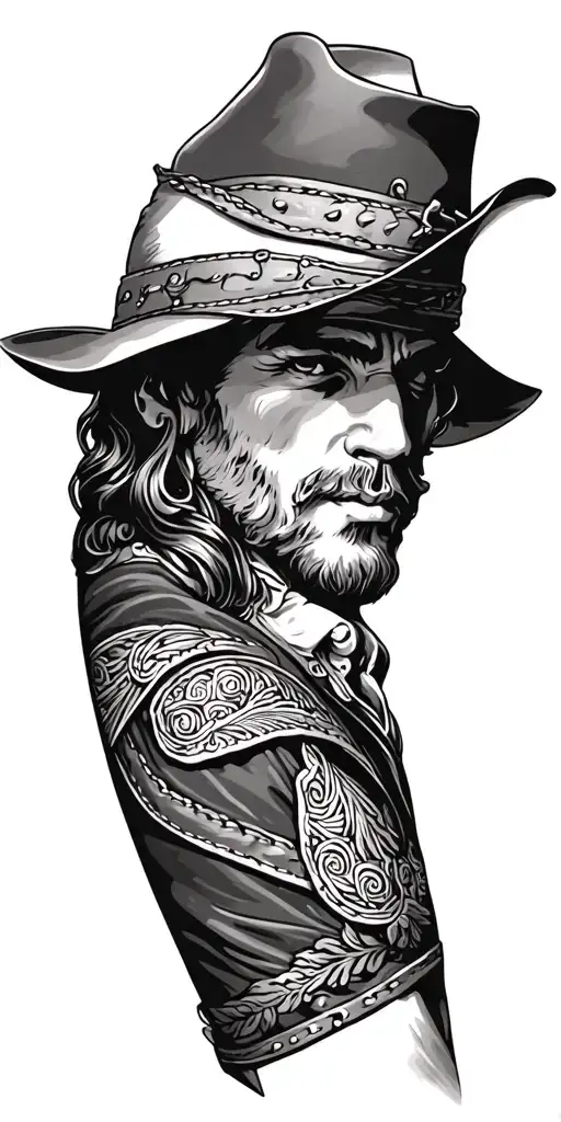 tooled leather sleeve tattoo design featuring western imagery  tattoo design idea