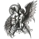 men Devil and female angel looking at each other with a big wing from the side in the middle of my back  tattoo design idea