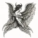 men Devil and female angel looking at each other with a big wing from the side in the middle of my back  tattoo design idea