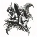 men Devil and female angel looking at each other with a big wing from the side in the middle of my back  tattoo design idea