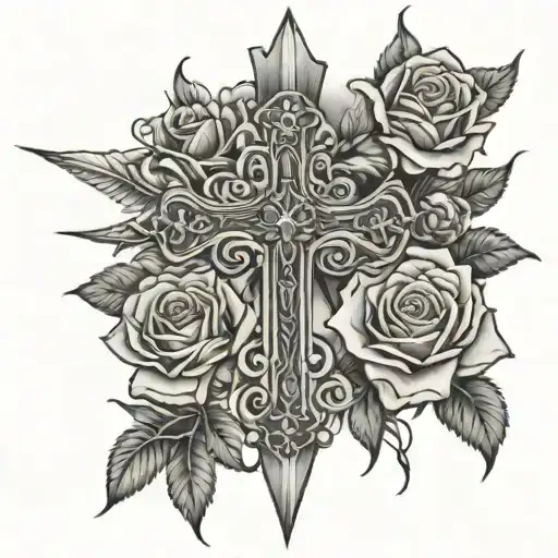 upside down cross with roses in the background  tattoo design idea