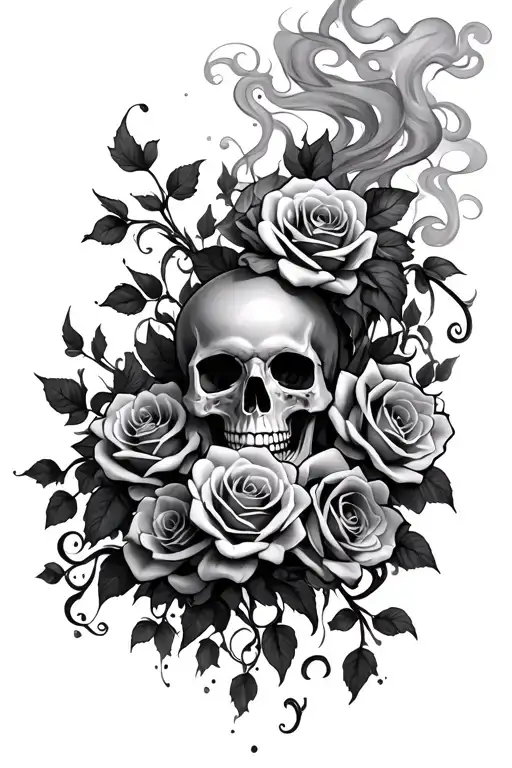 full sleeve of roses intertwined with vines going all around skulls and smoke flowing  tattoo design idea