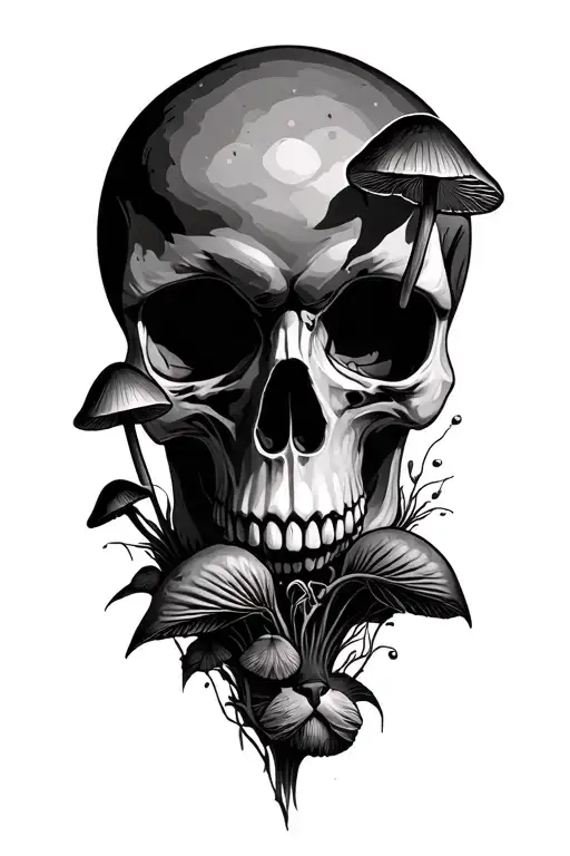 skull with mushrooms growing around it. add a bald cat  somewhere around the the tattoo as well. plant it outside skull  tattoo design idea
