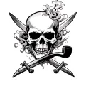 A skull with crossed swords and a smoking pipe, surrounded by swirling smoke tattoo design idea