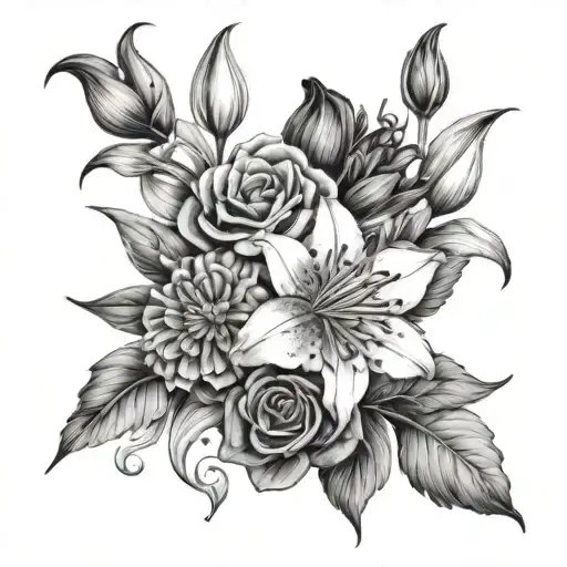 Flower arrangement incorporating elements of lily flower, roses, tulips, Chrysanthemum and dahlias tattoo design idea