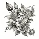 Flower arrangement incorporating elements of lily flower, roses, tulips, Chrysanthemum and dahlias tattoo design idea