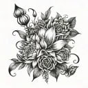 Flower arrangement incorporating elements of lily flower, roses, tulips, Chrysanthemum and dahlias tattoo design idea
