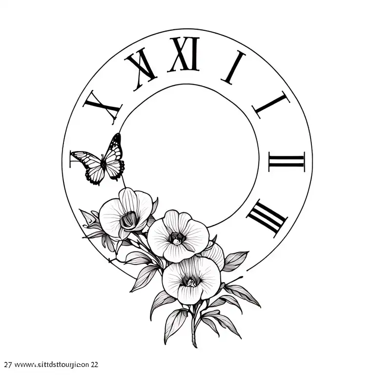 generate a tattoo for the shoulder with orchids, butterlies, and Gladiolus and Poppies with roman numerals for Aug 27 sl tattoo design idea