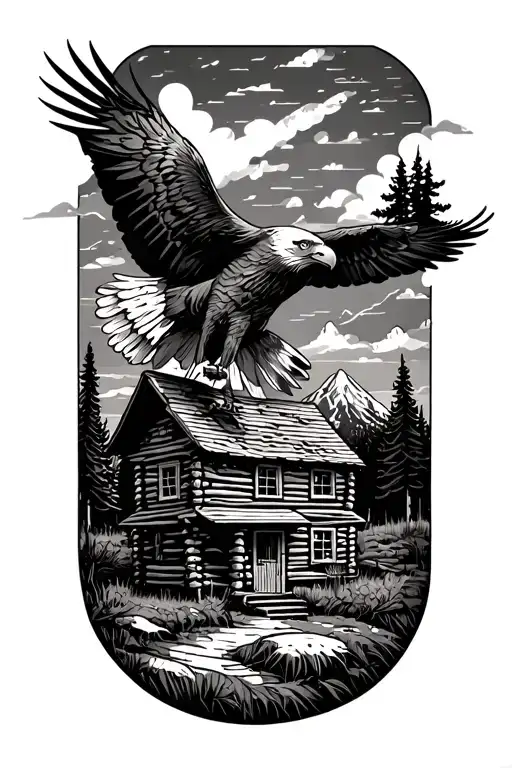 nature scene with log cabin up on a mountain with a bald eagle soaring in the sky with a acoustic guitar tattoo design idea