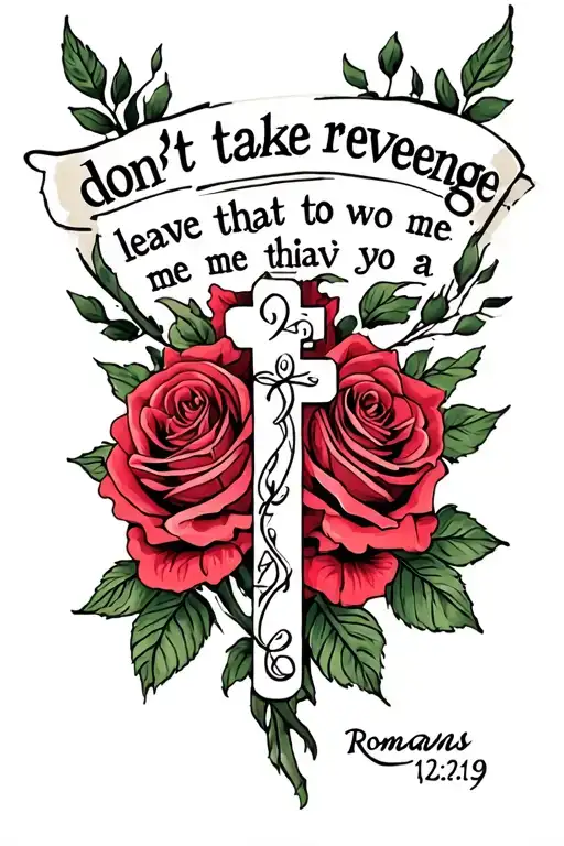 bible verse Romans 12:19 don't take revenge leave that to me with roses and a cross tattoo design idea