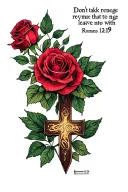 bible verse Romans 12:19 don't take revenge leave that to me with roses and a cross tattoo design idea