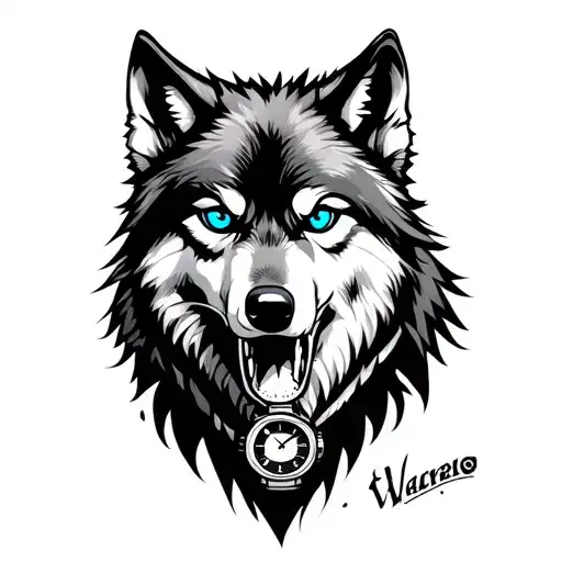 wolf with blue eyes looking mean with fob watch tattoo design idea