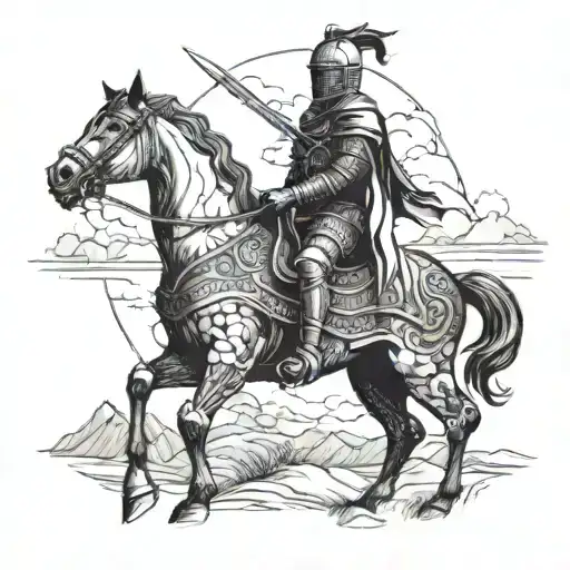 A knight riding a horse through a medieval Spanish landscape tattoo design idea