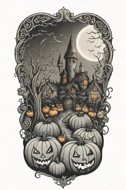 A Whimsical Tim Burton-Inspired Pumpkin Patch With Harry Potter Elements Intertwined Tattoo Idea tattoo design idea