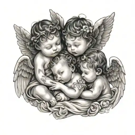 two twin girls baby angels and one boy tattoo design idea