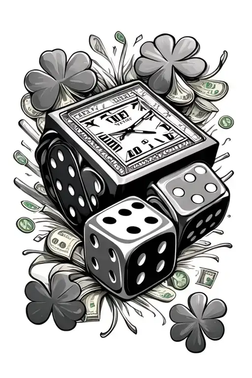 dice,  777 lotery, lucky clover, rolzx watch, money tattoo design idea