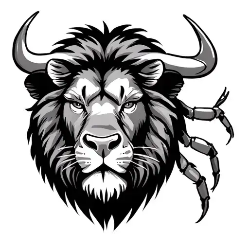 lion dad face with left side crab kid face and right side bull kid face tattoo design idea