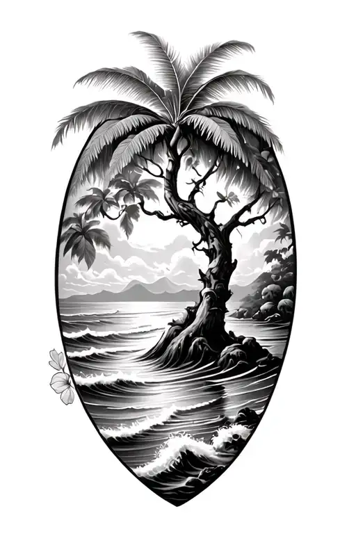 banyan tree with hibiscus vine with waves and a beach tattoo design idea