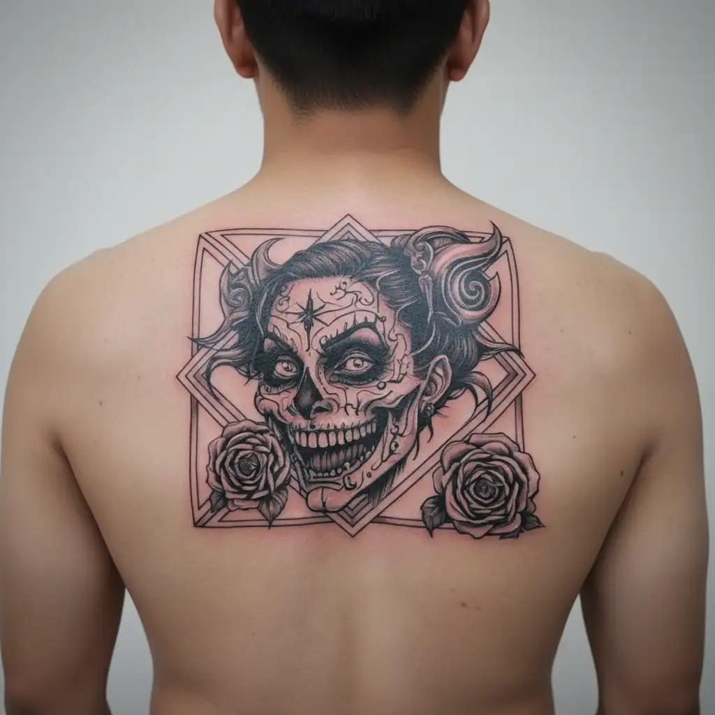 creepy scary dark smilyface dark killer eyes sexy womanlike depression mental illness bipolar gothic death sharp laugh tattoo design idea