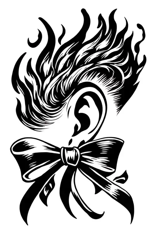 Tattoo design for the side of the ear, a bow design combined with the fire element, black, white, minimal, simple, elega tattoo design idea