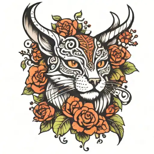 viking tattoo half head cat and deer with flowers behind tattoo design idea