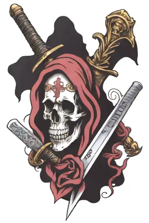 skull with a sword through it  with fuck cancer phrase written tattoo design idea