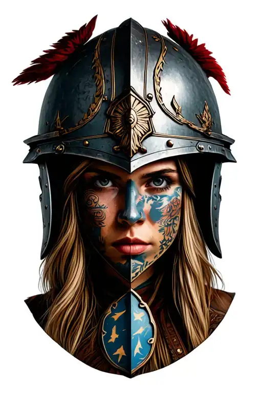 shield maiden with army ac helmet tattoo design idea