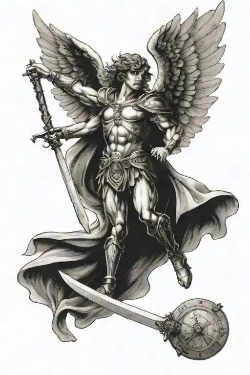 archangel michael holding a sword flying under a clock tattoo design idea