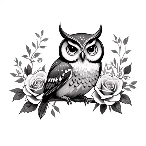 cute owl and roses tattoo design idea
