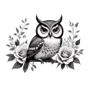 cute owl and roses tattoo design idea