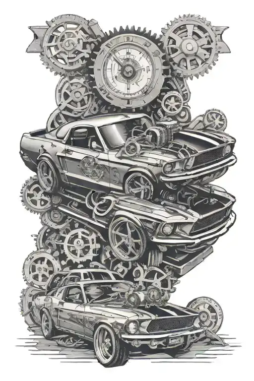 steampunk 1970 Mustang fastback clocks and gears old truck tattoo design idea