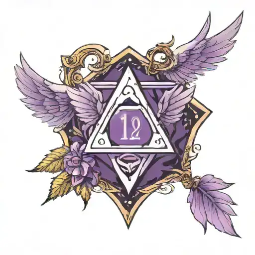 bright purple d20 with the number 1 on the top, with angel wings, a tft crown on top, and the date 12/13/24 under it tattoo design idea