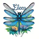 purplulish blue dragonfly with the name Eileen spelled out inthe body.  tattoo design idea