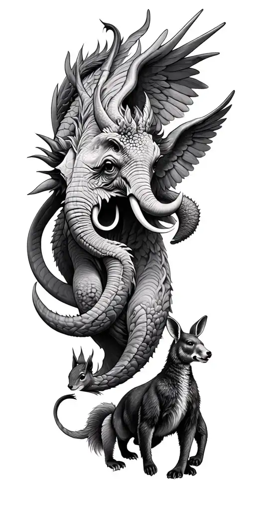 sleeve with dragon,elephant, squirrel, bear, kangaroo and an angel tattoo design idea